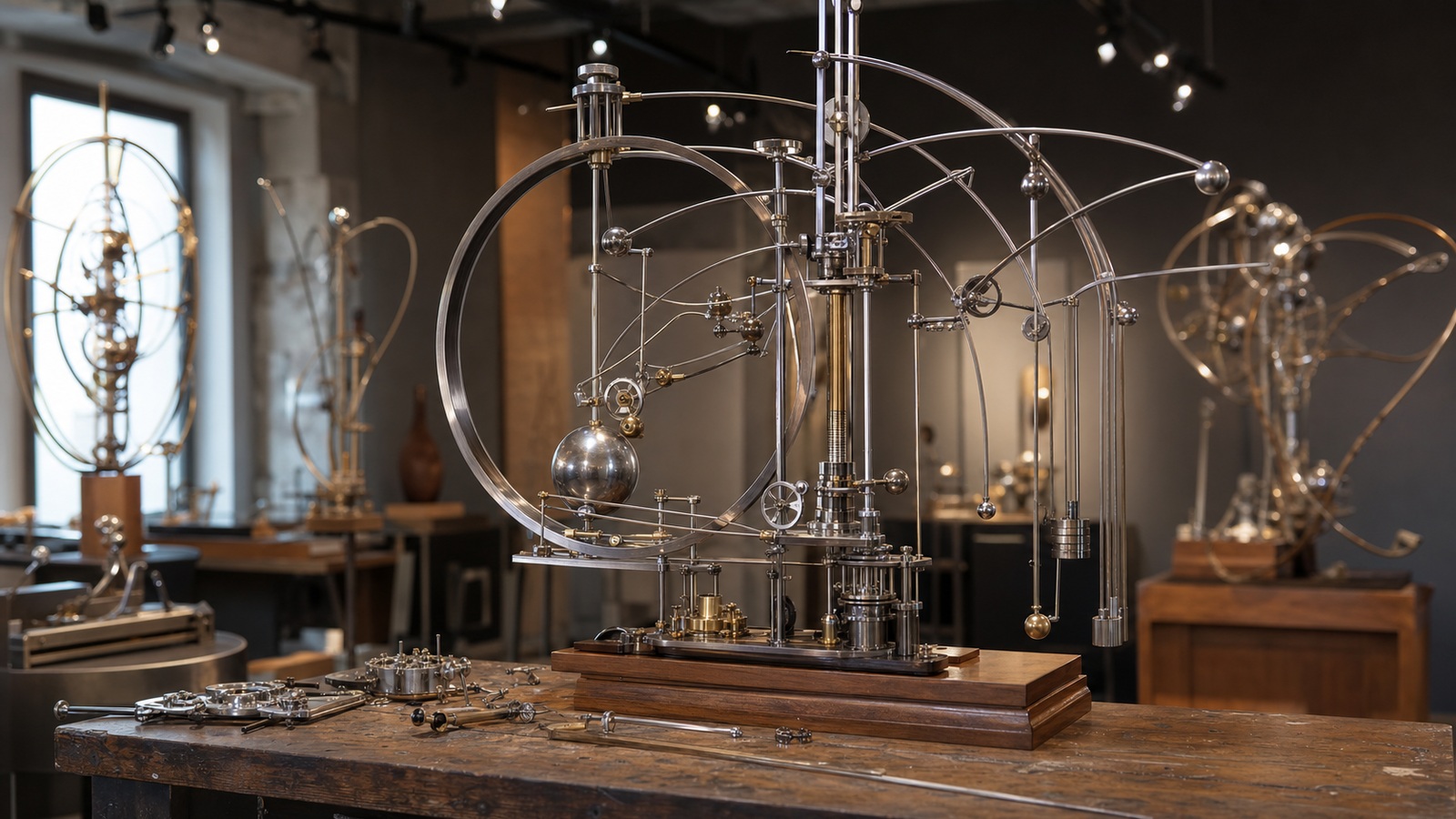 Ultra-photorealistic workshop scene for 10 Kinetic Sculptures That Redefine Art and Engineering