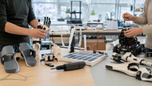 Ultra-photorealistic workshop scene for Building Tomorrow: Makers Who Are Redefining Innovation Today