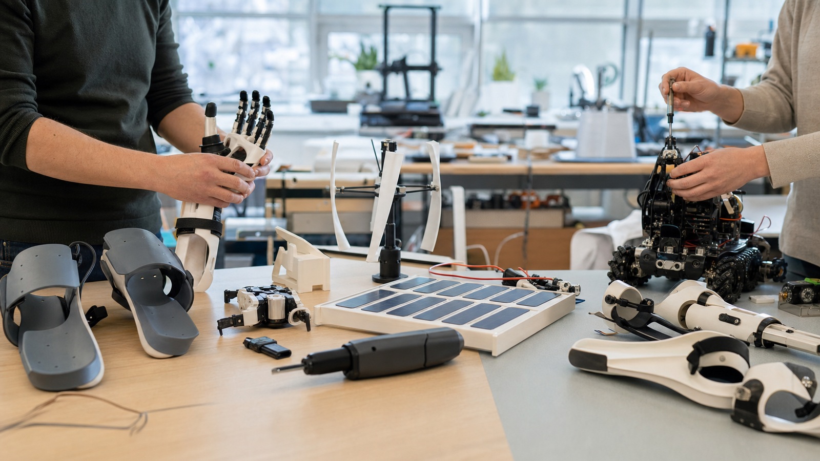 Ultra-photorealistic workshop scene for Building Tomorrow: Makers Who Are Redefining Innovation Today