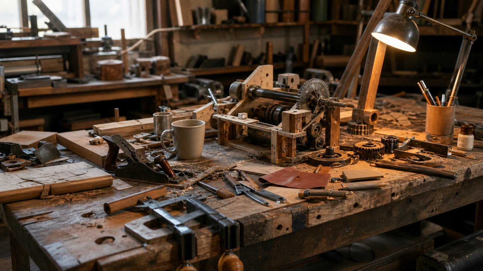 Ultra-photorealistic workshop scene for Re-Engineering Vintage Tools for the Digital Age