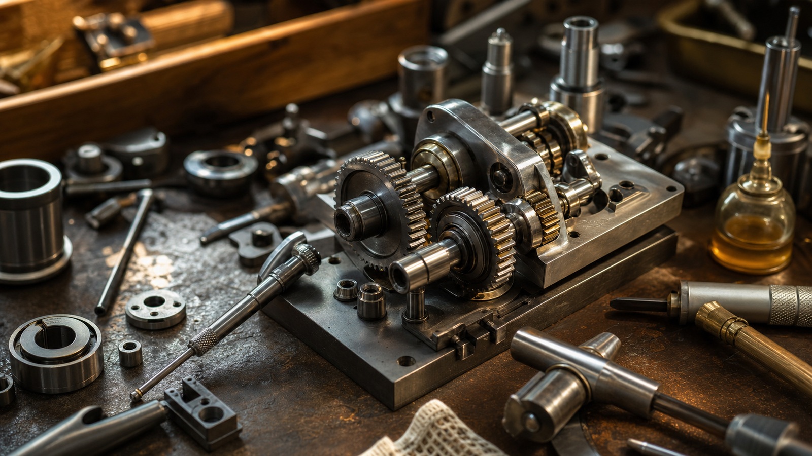 Ultra-photorealistic workshop scene for The Art of the Perfect Mechanism: Precision Meets Passion
