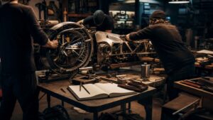 Ultra-photorealistic workshop scene for The Rise of Maker Legends: Innovators Who Built the Impossible