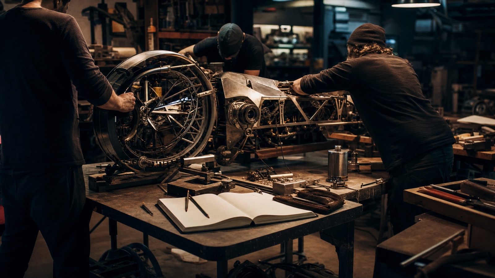 Ultra-photorealistic workshop scene for The Rise of Maker Legends: Innovators Who Built the Impossible