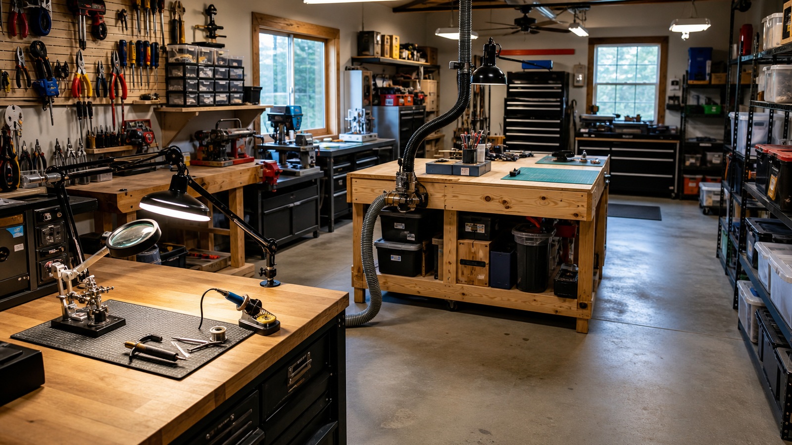 Ultra-photorealistic workshop scene for The Ultimate Maker Space Setup: Gear, Layout & Lighting Tips