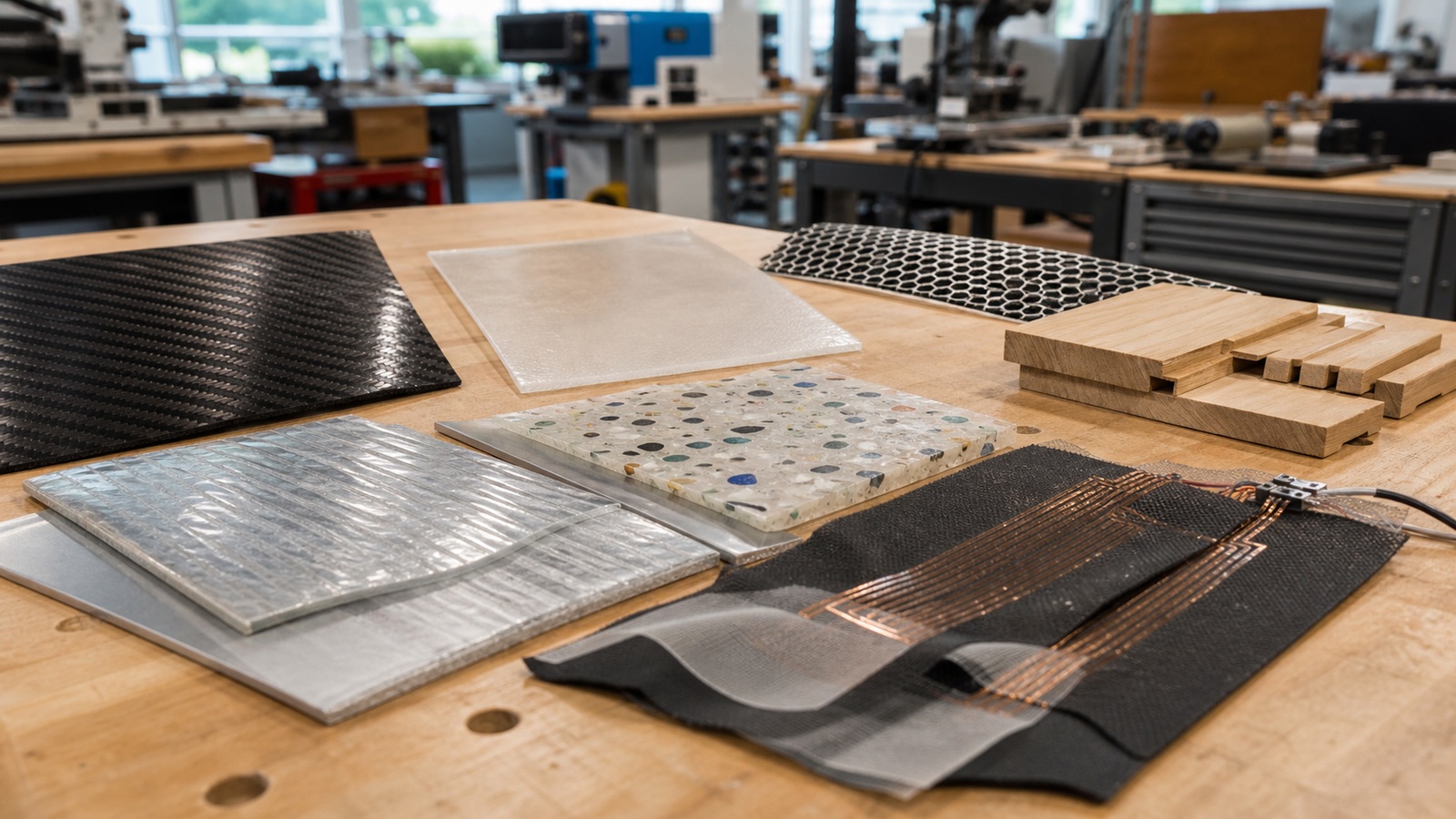 Ultra-photorealistic workshop scene for Top 10 Materials Revolutionizing DIY Fabrication