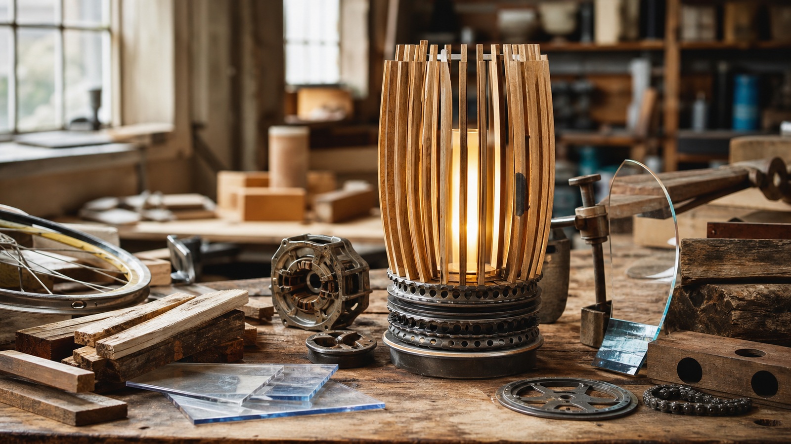 Ultra-photorealistic workshop scene for Turning Waste into Wonder: Eco-Friendly Builds That Inspire
