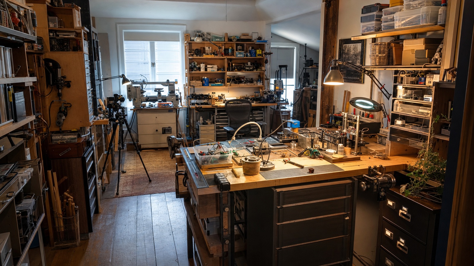 Ultra-photorealistic workshop scene for Workshop Wonders: Inside the Studios of Modern Tinkerers