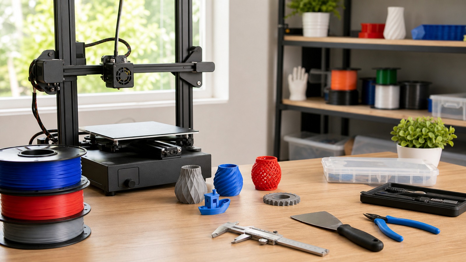Beginner 3D printing workspace with filament printer, colorful printed parts, calipers, scraper, flush cutters, and organized supplies.