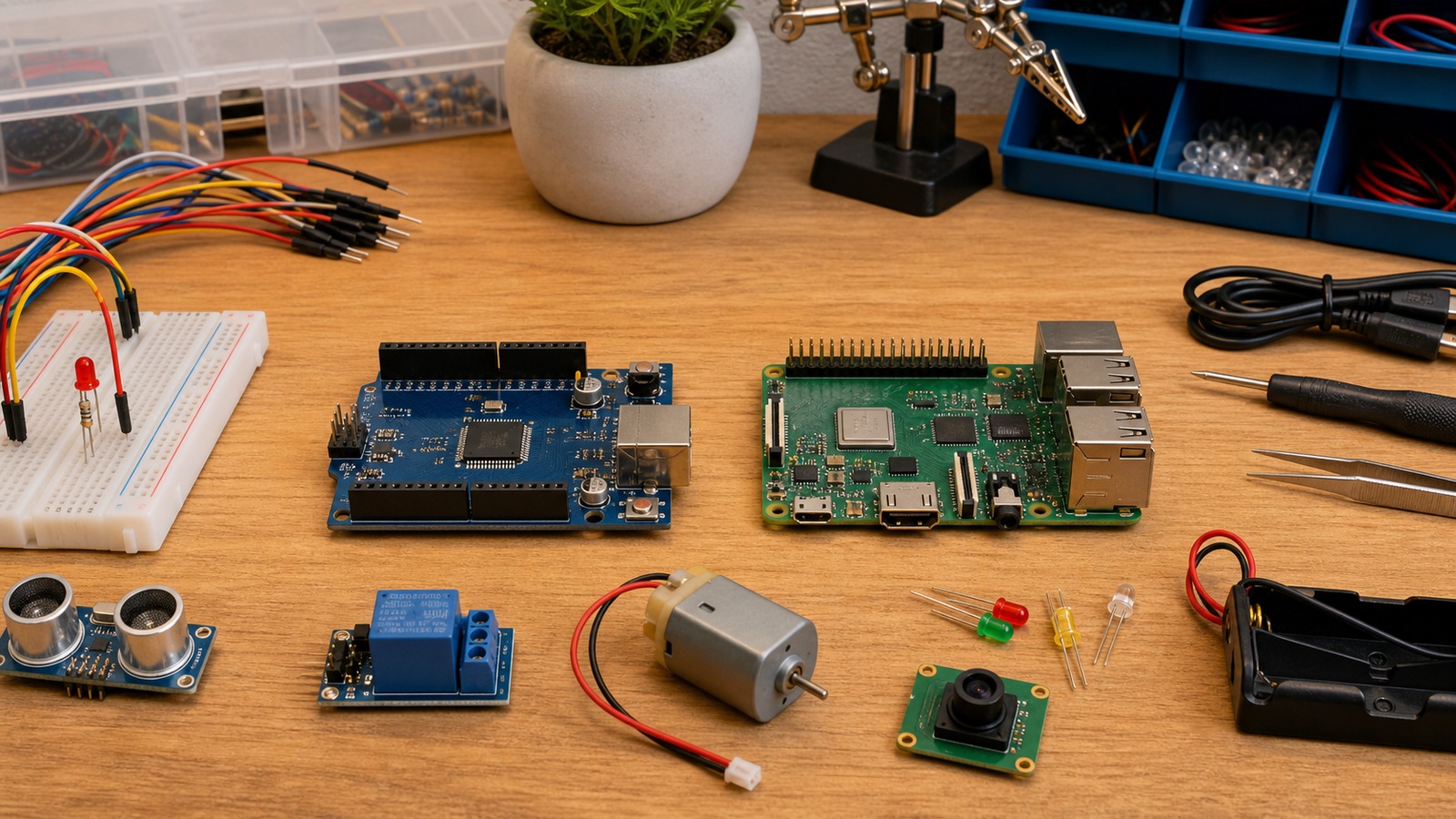 Maker electronics bench comparing a generic microcontroller board and single-board computer with breadboard, sensors, motor, camera, relay, wires, and tools.