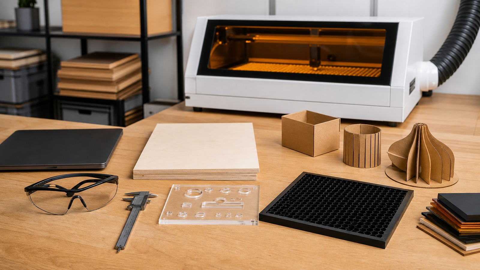 Beginner laser cutting workspace with compact laser cutter, plywood, acrylic, cardboard prototypes, safety glasses, calipers, and honeycomb bed.