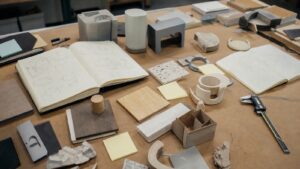 Maker design table with rough prototypes, material samples, sketchbooks, calipers, and test pieces arranged for iteration.