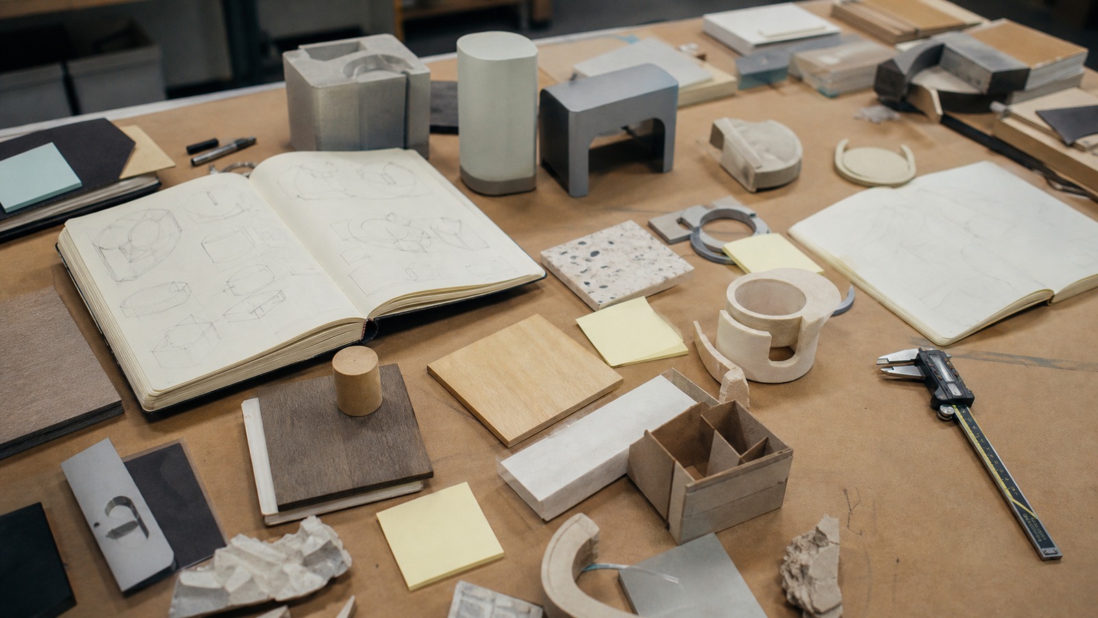 Maker design table with rough prototypes, material samples, sketchbooks, calipers, and test pieces arranged for iteration.