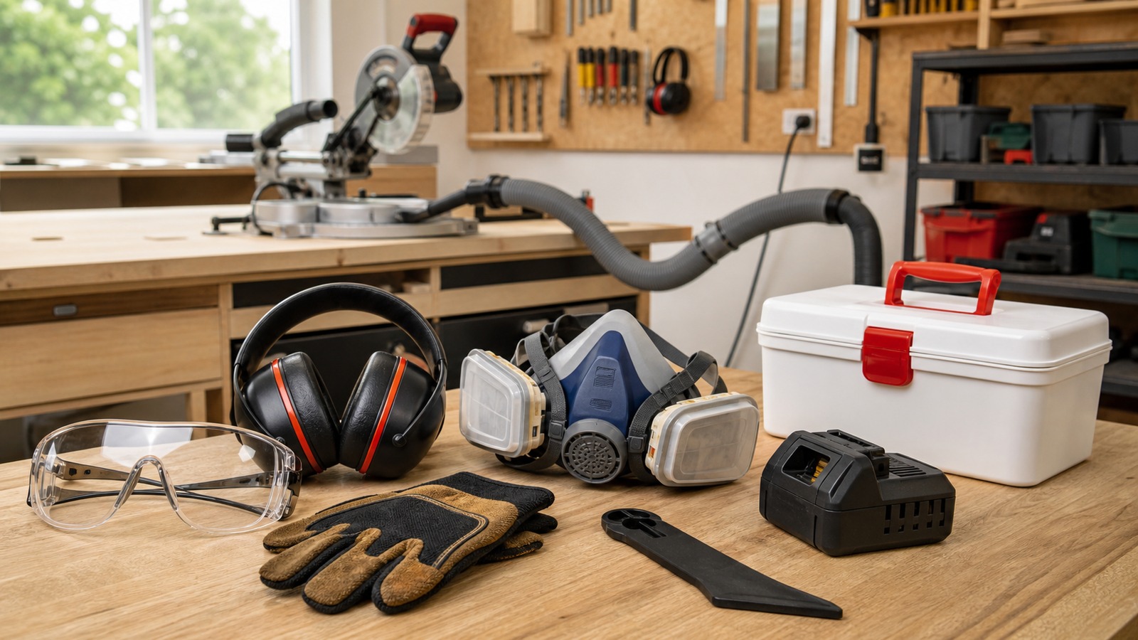 Workshop safety gear arranged on a bench with safety glasses, hearing protection, respirator, gloves, dust hose, and first-aid kit.