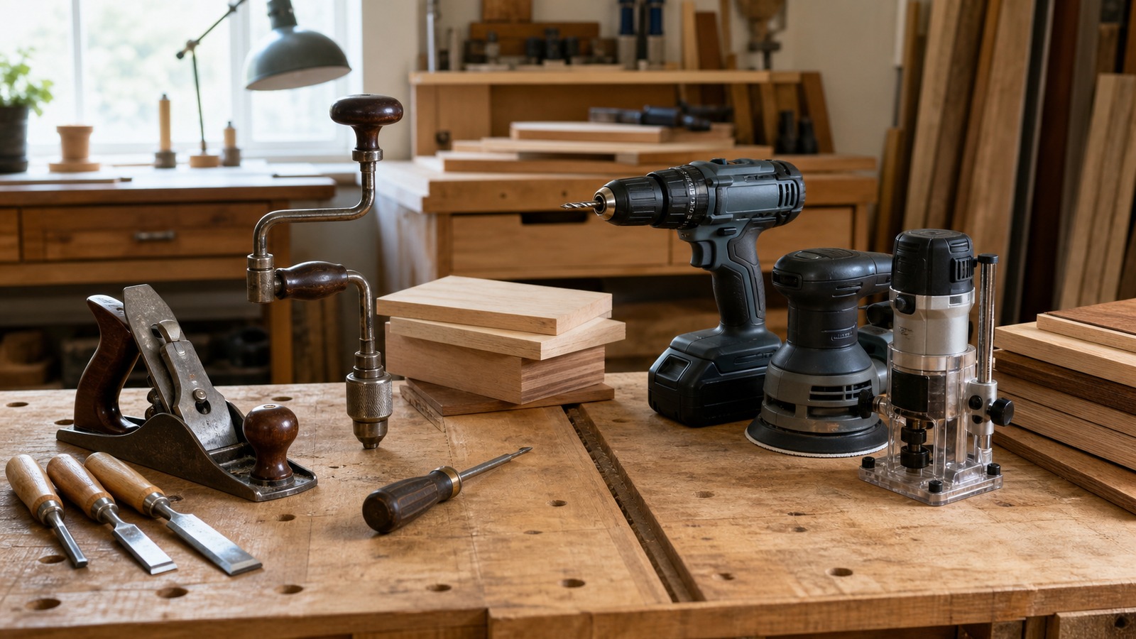 Hand tools and power tools arranged on a woodworking bench with boards, chisels, a hand plane, a drill, sander, and router.