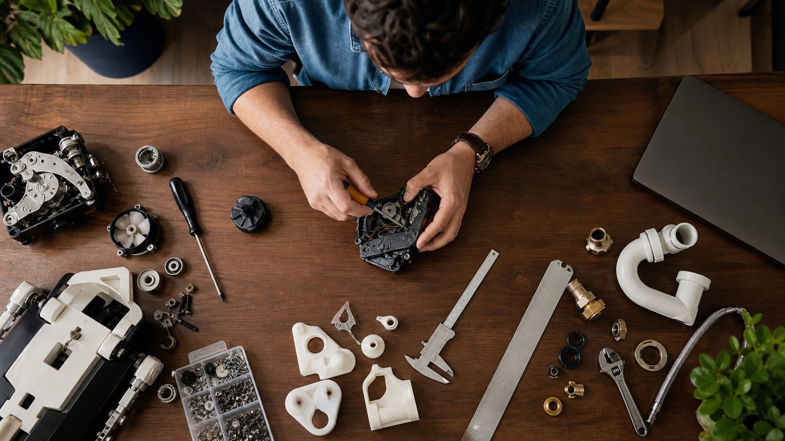 Maker repairing a small mechanical assembly beside household parts, prototype pieces, measuring tools, and organized hardware.