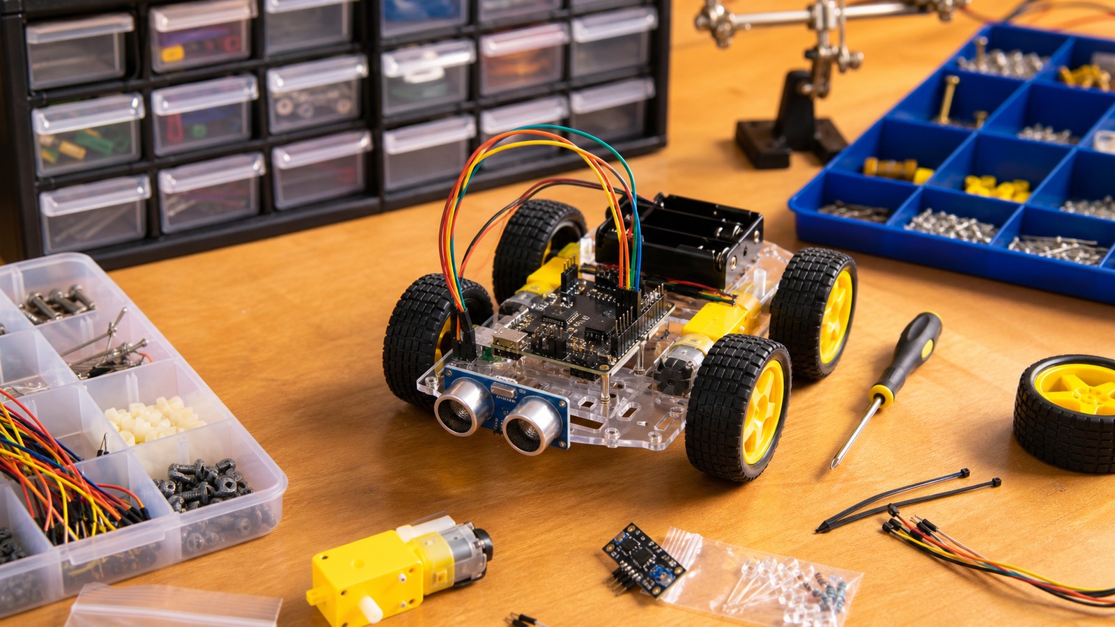 Beginner wheeled robot build on a maker bench with chassis, motors, wheels, microcontroller, wires, sensor, screwdriver, and organized parts.