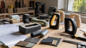 Ergonomic handle prototypes, foam mockups, material samples, and measuring tools arranged on a product design workbench.