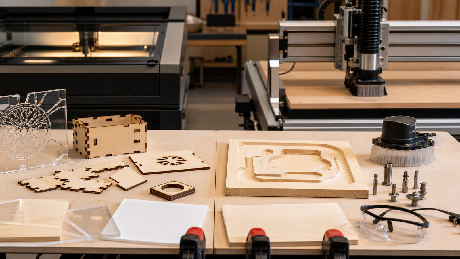 Fabrication shop table with laser-cut acrylic and plywood pieces beside a CNC-routed wood panel, router bits, clamps, and safety glasses.