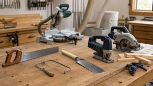 Different saws arranged on a woodworking bench with clean boards, clamps, dust collection, and a tidy workshop background.