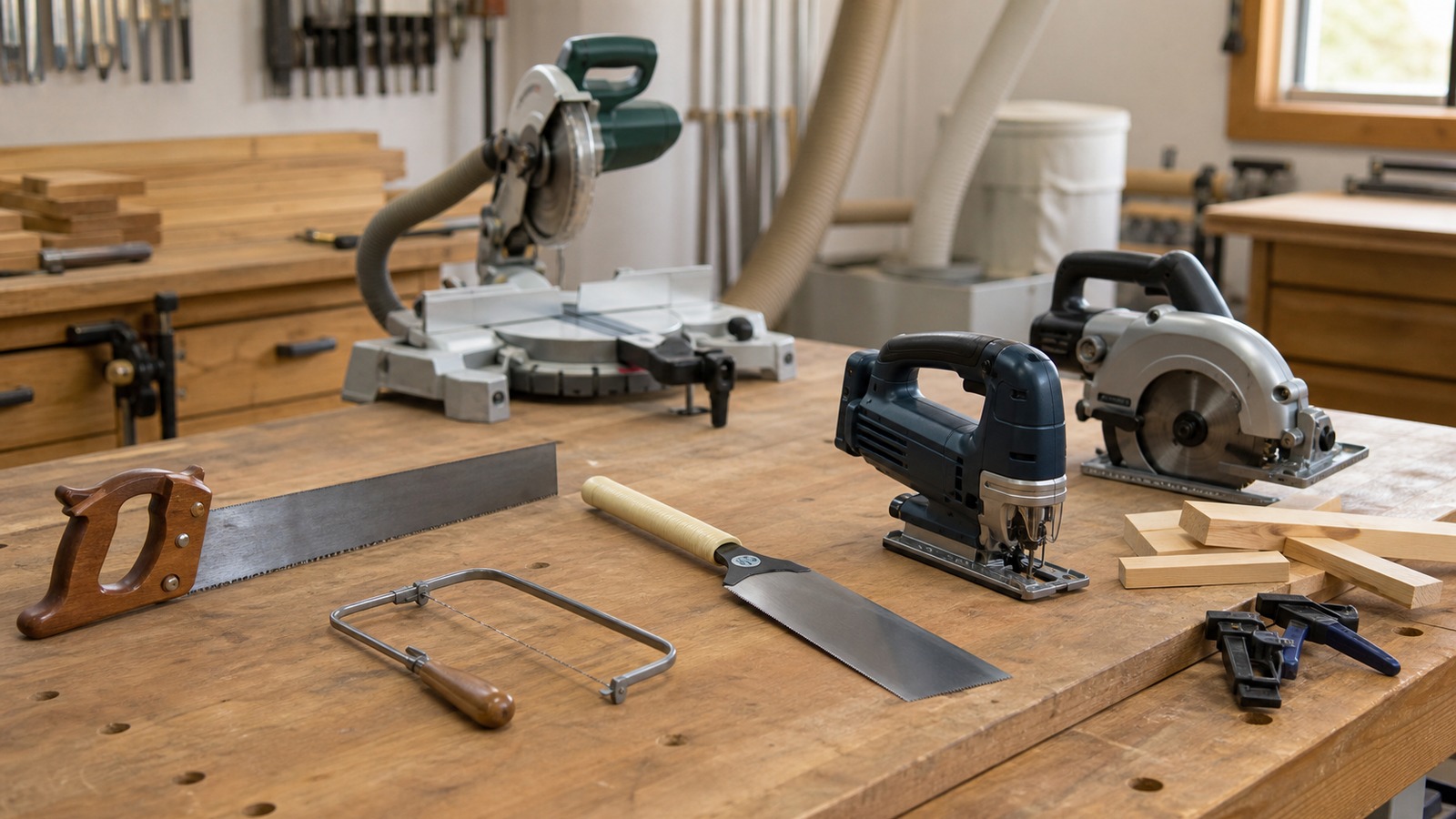 Different saws arranged on a woodworking bench with clean boards, clamps, dust collection, and a tidy workshop background.
