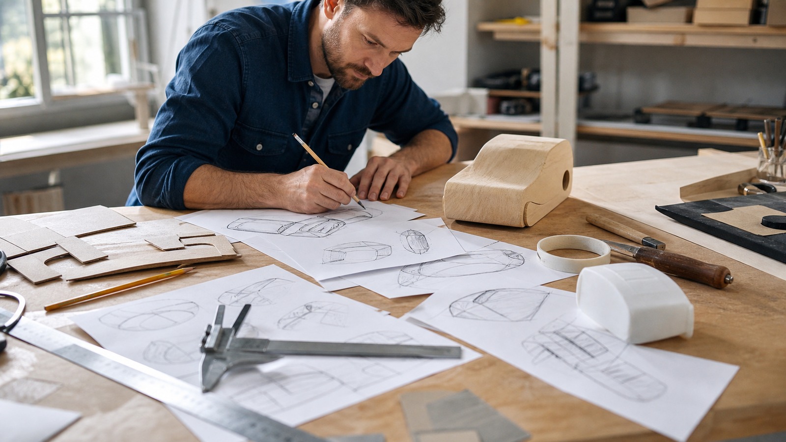 Maker workspace with sketches, cardboard mockups, calipers, tools, and early wooden and plastic prototypes on a bench.