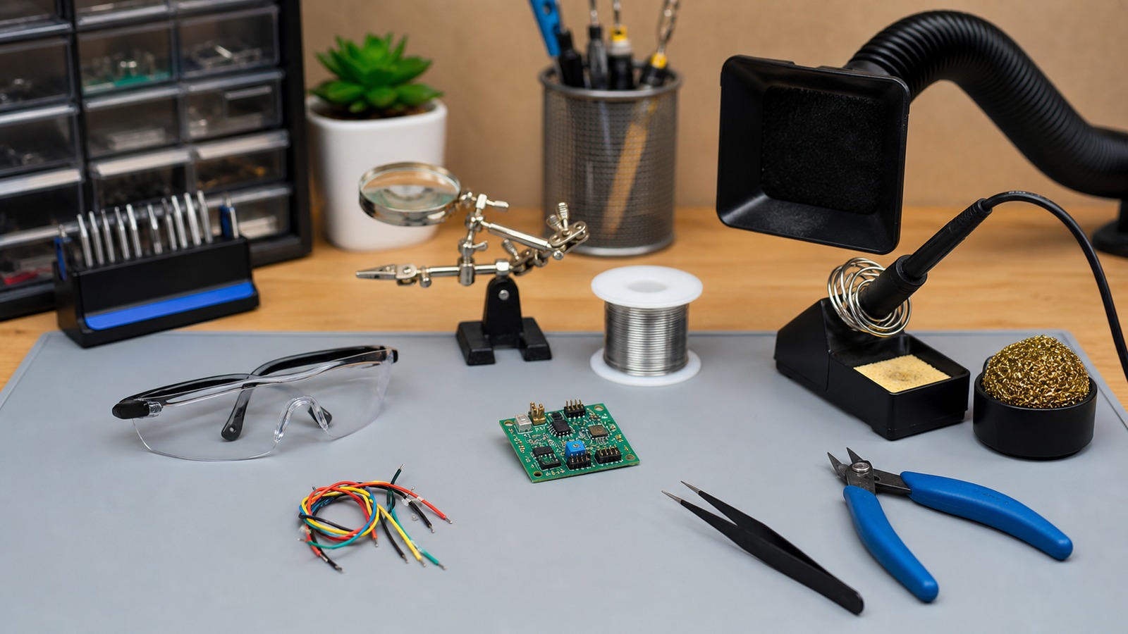 Beginner electronics soldering bench with soldering iron, stand, fume extractor, solder spool, circuit board, helping hands, tweezers, and safety glasses.