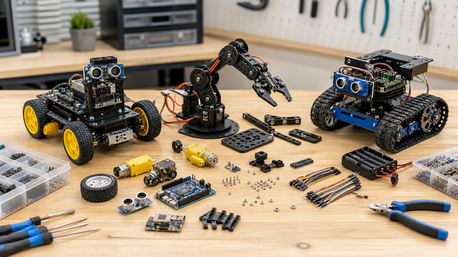 Robotics kit comparison bench with wheeled robot, robot arm parts, tracked rover, microcontroller boards, sensors, motors, wires, screws, and tools.