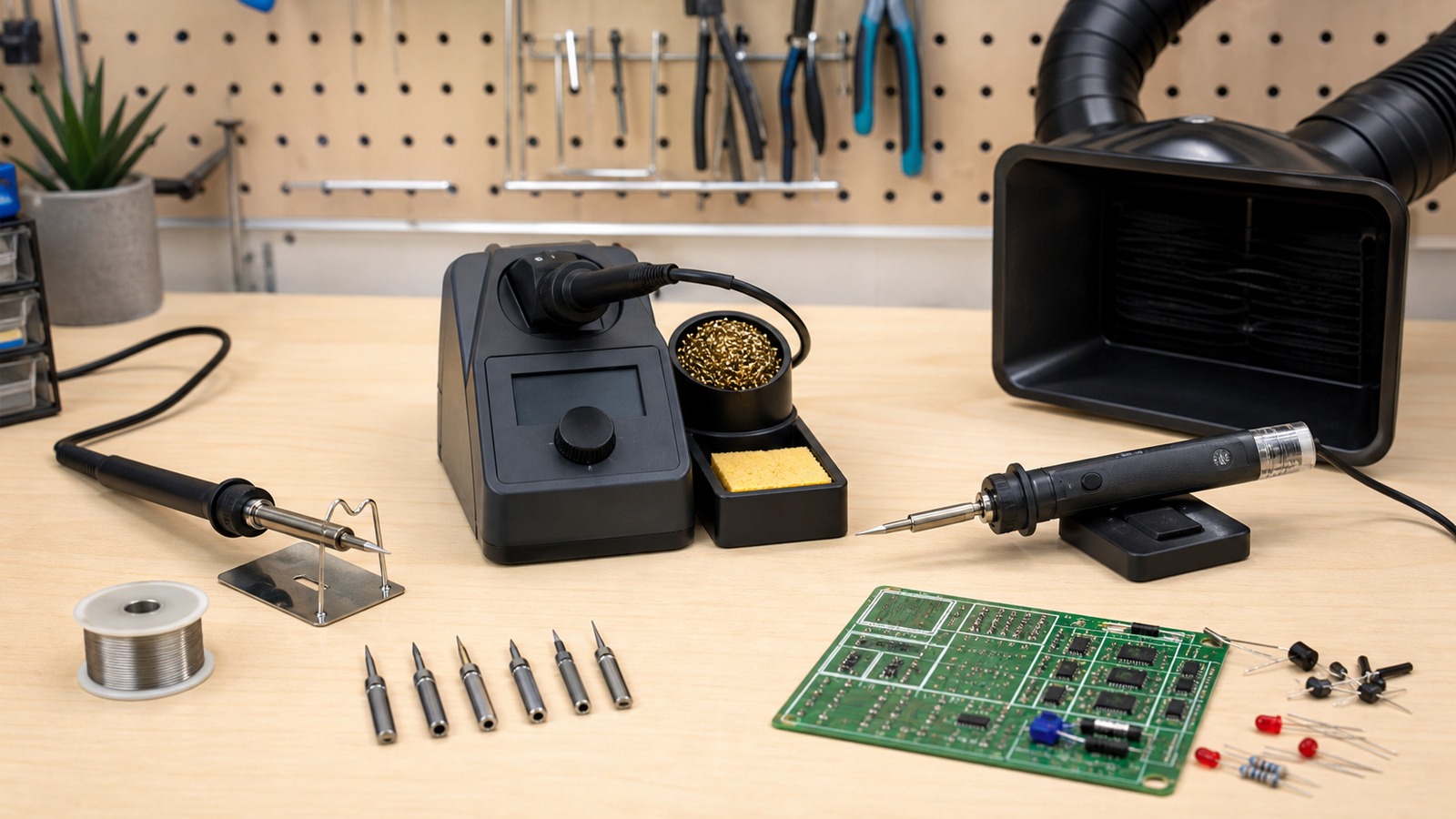 Electronics bench with basic soldering iron, temperature-controlled station, portable iron, tip set, solder spool, circuit board, cleaner, and fume extractor.
