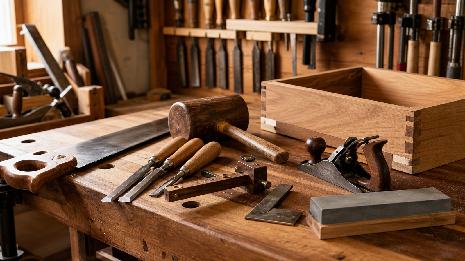 Organized maker workbench with hand saw, chisels, screwdrivers, square, clamps, files, mallet, measuring tools, and tidy storage.