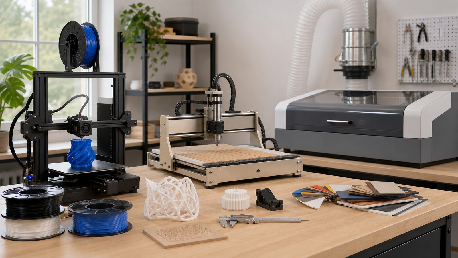 Digital fabrication workspace with desktop 3D printer, CNC router, closed laser cutter, material samples, calipers, filament, and prototype parts.