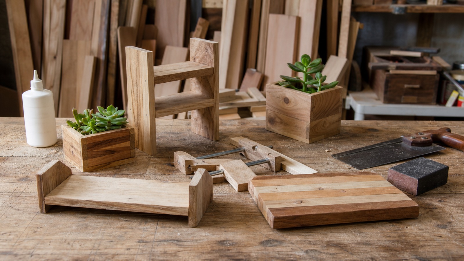 Scrap wood woodworking bench with small planters, shelf pieces, clamps, glue, saw, sanding block, and assorted offcuts.