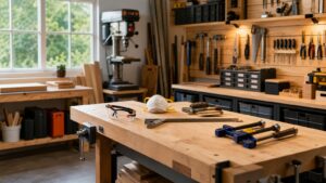 Organized beginner workshop with a sturdy bench, safety glasses, clamps, hand tools, storage bins, and clear floor space.