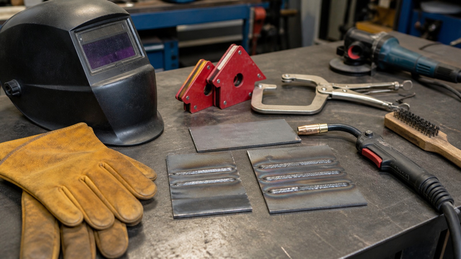 Beginner welding practice setup with helmet, gloves, steel coupons, clamps, MIG torch, and practice beads on a metal workbench.