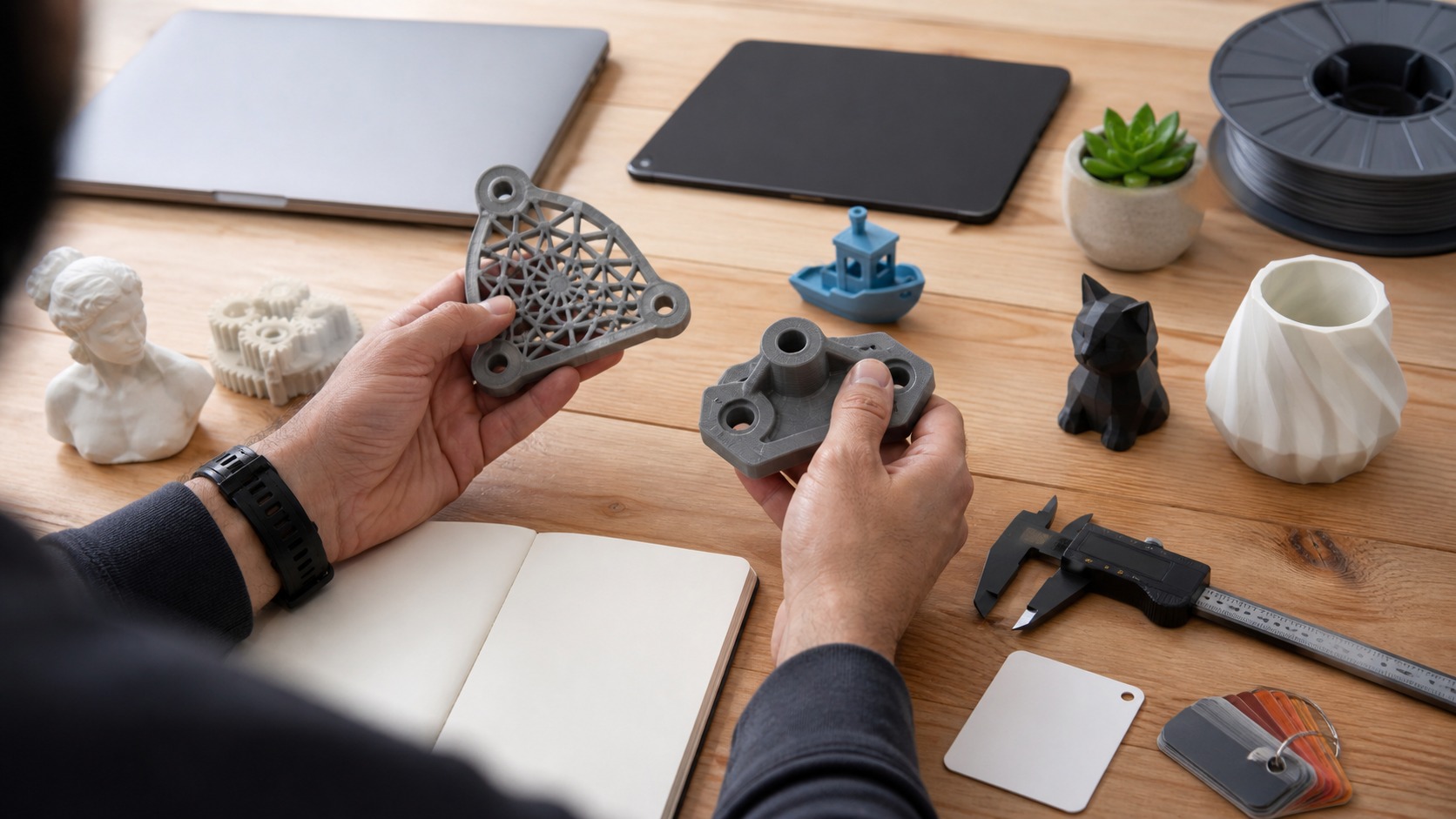 Hands comparing finished 3D printed parts on a desk with closed devices, filament swatches, calipers, notebook, and sample prints.