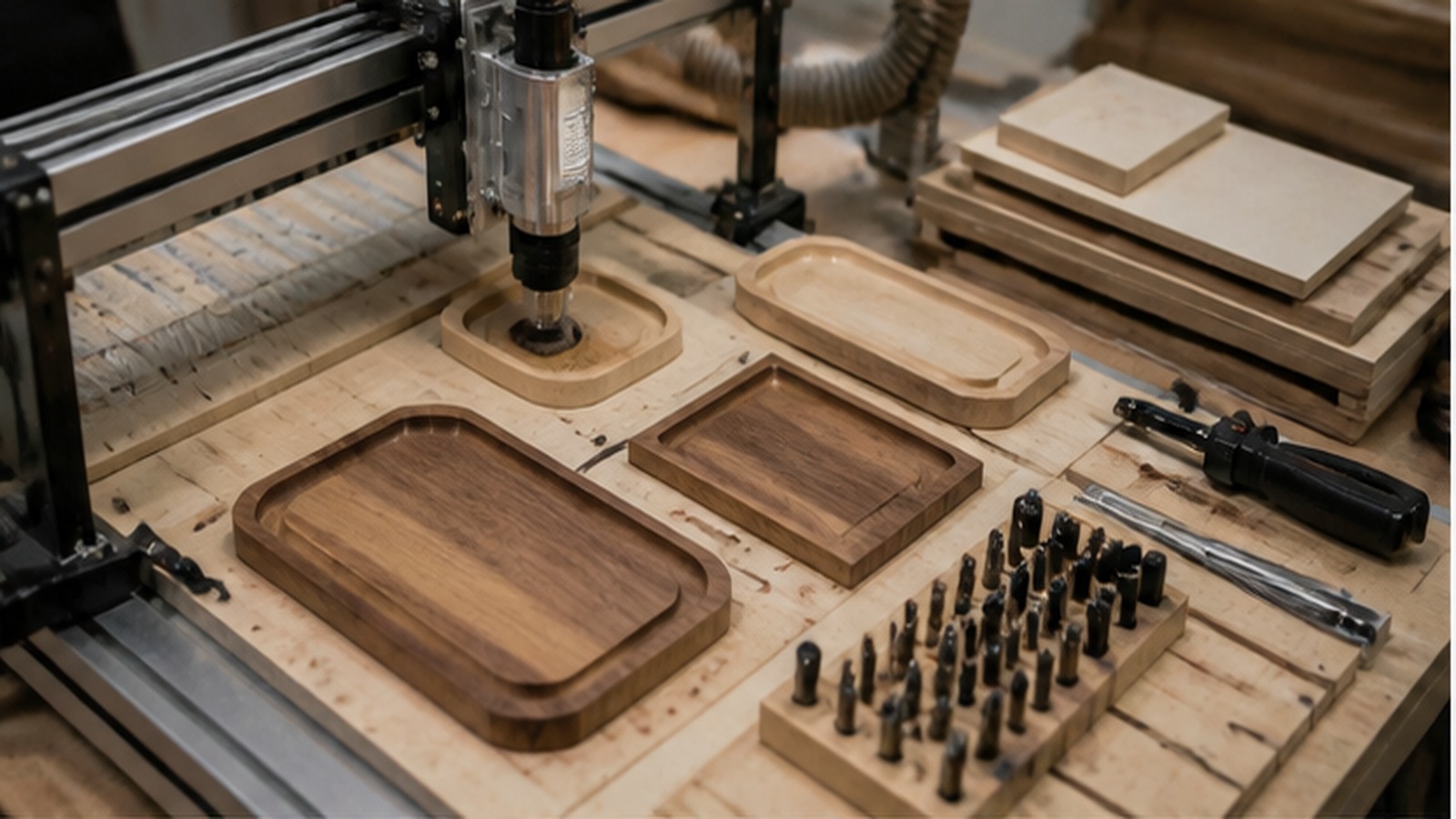 CNC router carving wooden trays beside router bits, clamps, dust collection hose, and stacked wood panels.
