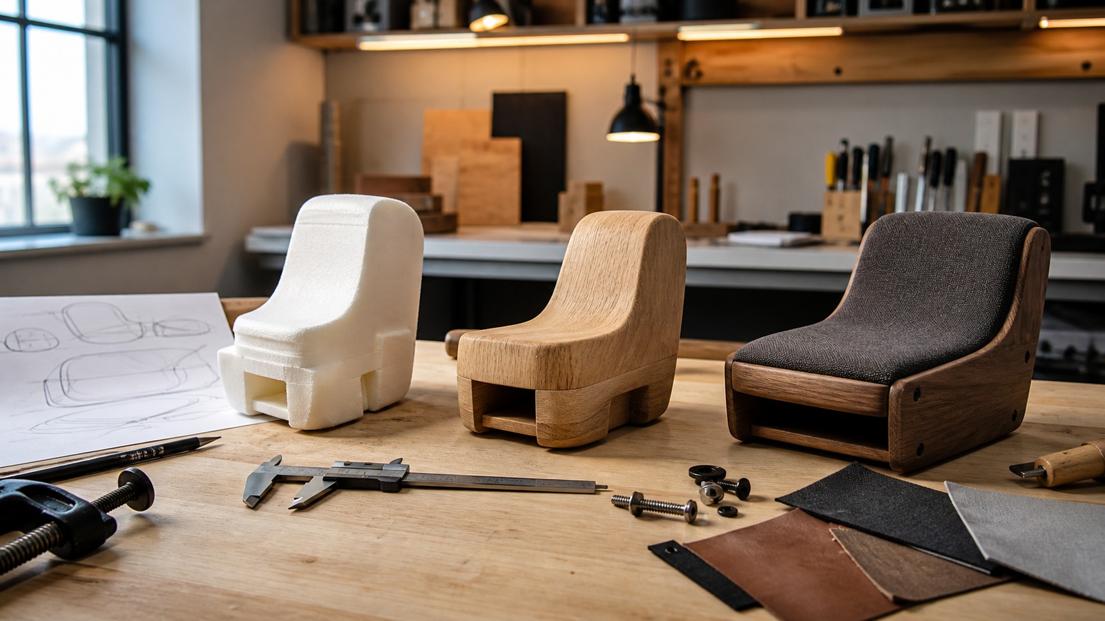 Workshop bench showing foam, wood, and upholstered prototype stages with calipers, clamps, material swatches, and hardware.
