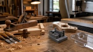 Workshop table comparing hand planes and chisels with CNC-cut parts, 3D printed jig, and laser-cut acrylic pieces.