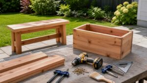 Sunny backyard patio with cedar planter box, simple garden bench, boards, drill, clamps, square, exterior screws, and finish brush.