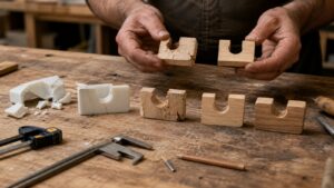 Maker comparing broken and improved prototype parts on a workshop bench with calipers, clamps, pencil, and repair tools.