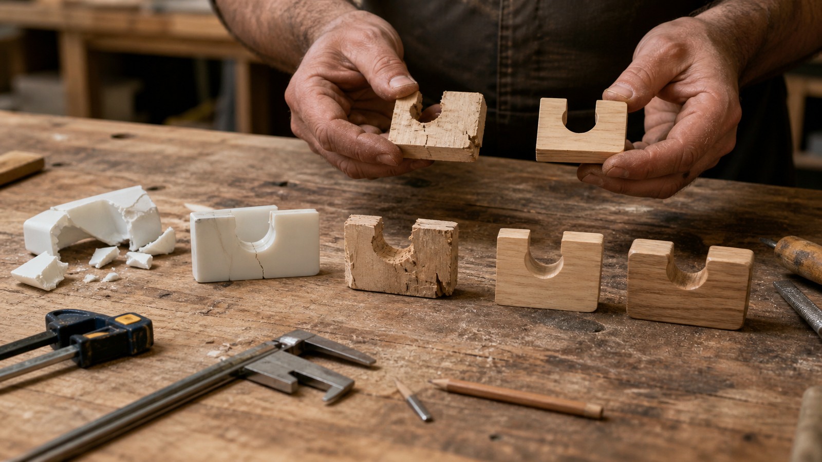 Maker comparing broken and improved prototype parts on a workshop bench with calipers, clamps, pencil, and repair tools.