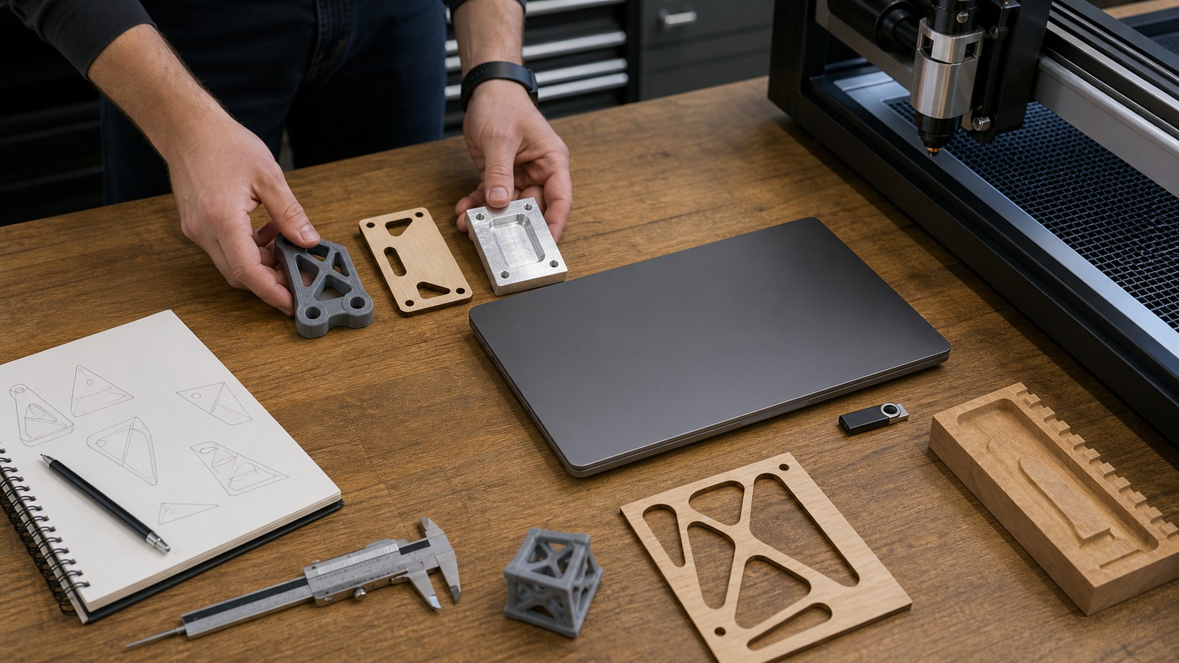 Digital fabrication bench with closed laptop, USB drive, sketchbook, calipers, 3D printed part, laser-cut plywood piece, and CNC-routed sample.