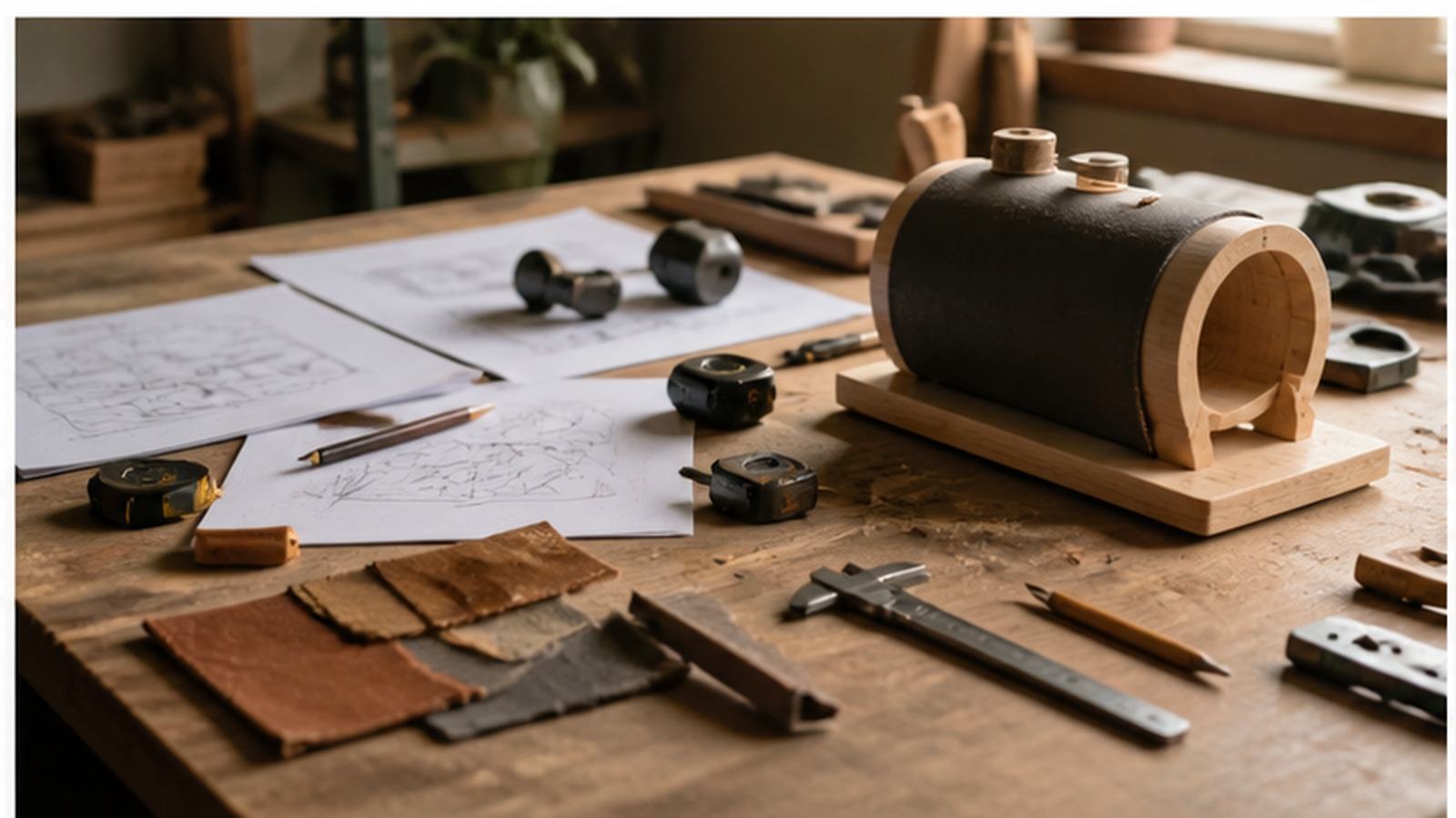 Workshop planning table with materials, calipers, measuring tools, and a small object in progress.