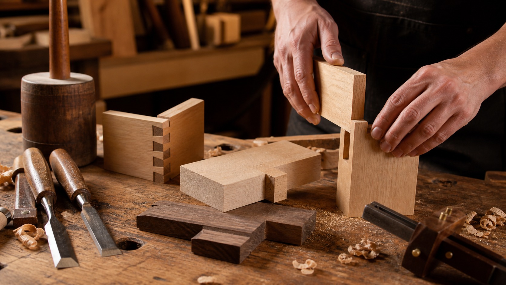Woodworking bench with hands fitting a tenon into a mortise, dovetail sample, chisels, mallet, marking gauge, and wood shavings.