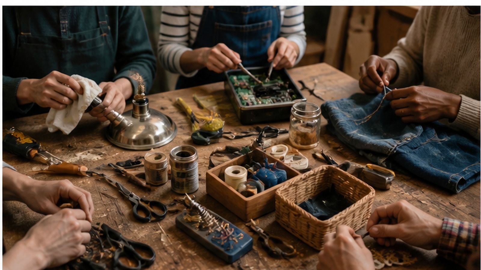 Community worktable with hands repairing objects, electronics, fabric, tools, and shared materials.