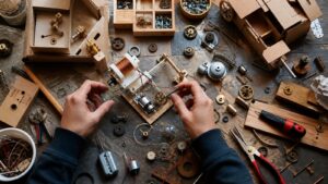 Hands assembling an experimental device from gears, springs, wood scraps, cardboard mockups, small motors, wires, and hand tools on a table.