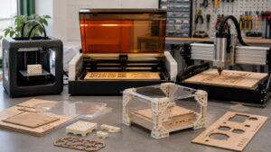 Fabrication lab with 3D printer, laser cutter, CNC router, acrylic panels, routed wood parts, and printed brackets in one workflow.