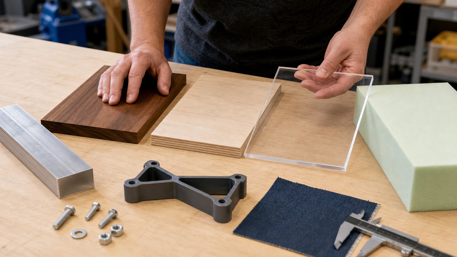 Maker hands comparing wood, plywood, acrylic, aluminum, foam, fabric, fasteners, and calipers on a clean workshop table.