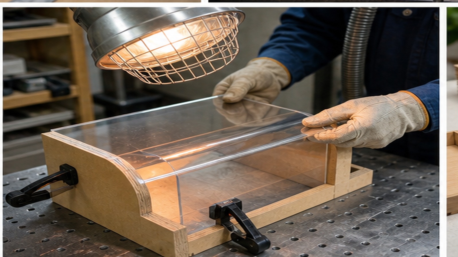 Clear plastic sheet being bent over a wooden jig with gloves, clamps, and heat lamp in a tidy workshop.