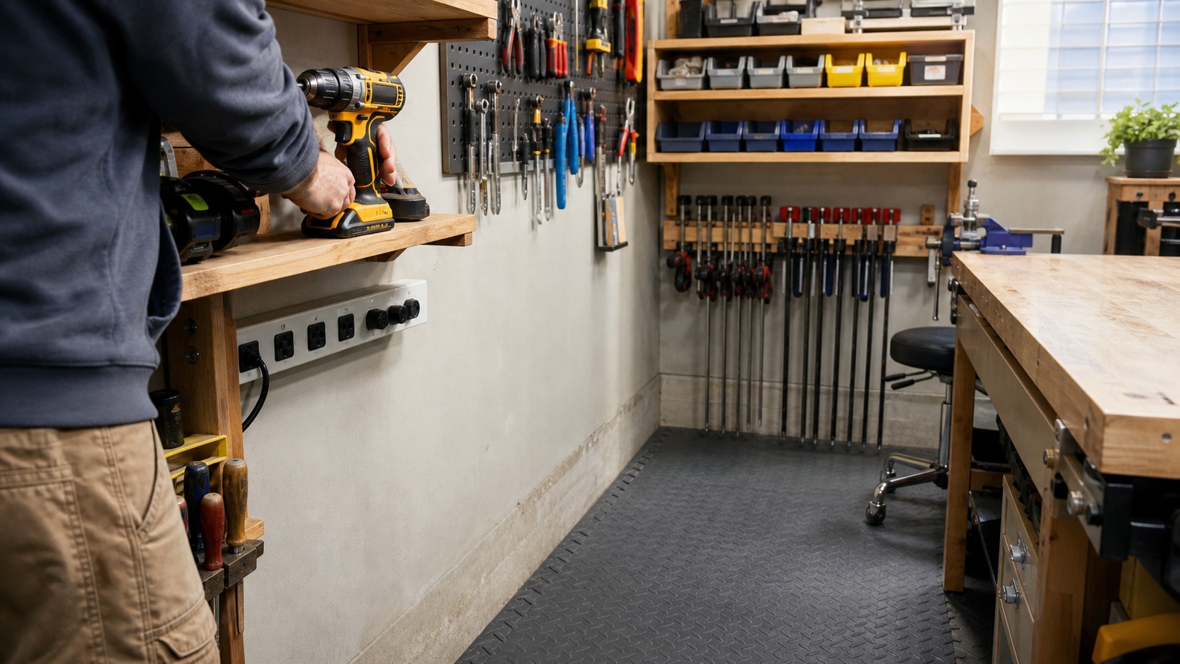 Compact organized workshop corner with wall tools, shelves, clamps, clear floor path, open bench, and a drill being placed within reach.