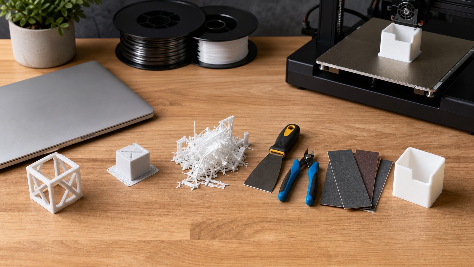 3D printing bench with filament, closed laptop, printer, support scraps, scraper, flush cutters, sanding pads, and finished white print.